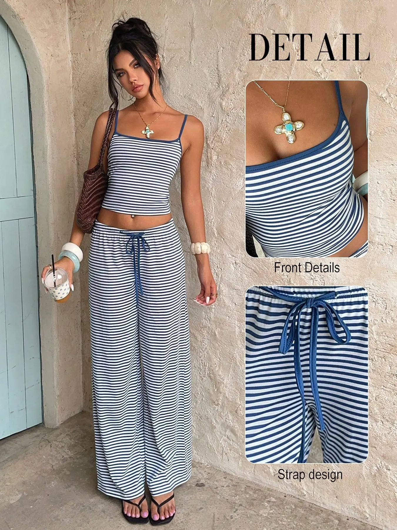 Women's 2-Piece Striped Matching Set, Striped Crop Cami Tank Top & High-Waist Drawstring Pants, Co-Ord Set, Soft Stretchy Jersey Summer Outfit for Beach, Coffee Run & Vacation