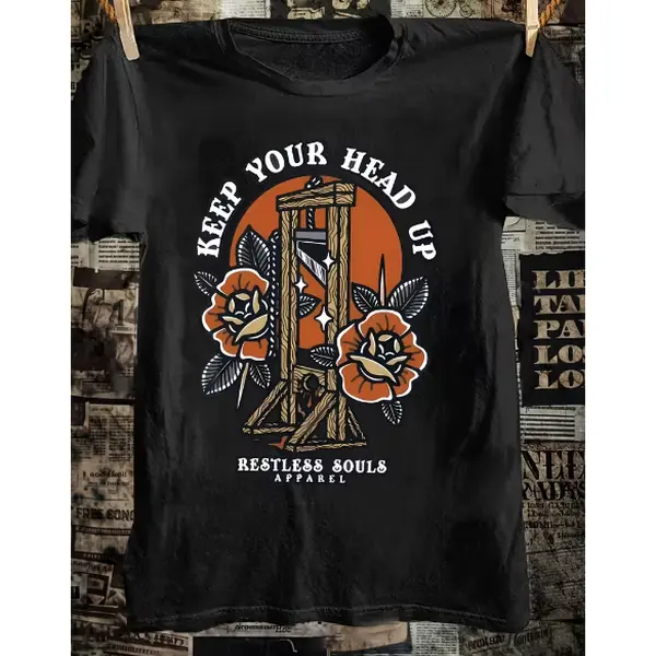 Plus Size 'Keep Your Head Up' Graphic Black T-Shirt - Eye-catching Design Featuring A Guillotine and Orange Roses Vintage Style for Bold Fashion