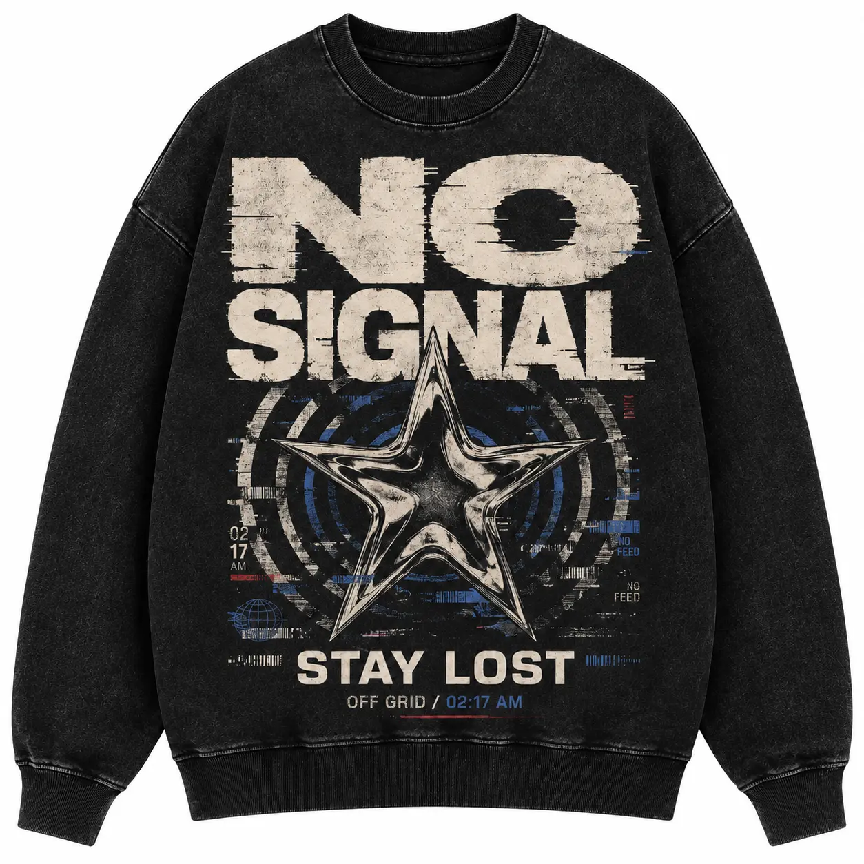 No Signal Stay Lost Washed Sweatshirt for Men Women, Black Crew Neck Long Sleeve Pullover, Metallic Star Graphic Streetwear Top, Size S-5XL