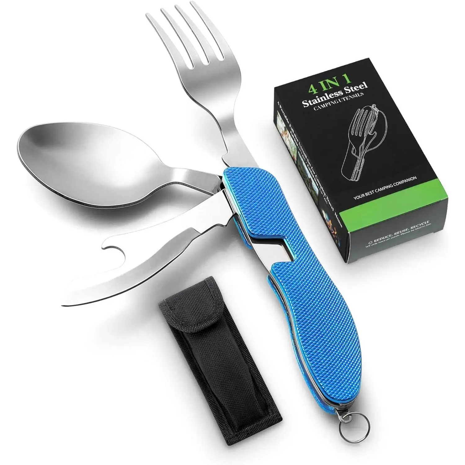 Camping Silverware Set  4-In-1 Stainless Steel Hobo  Fork Spoon Bottle Opener with Storage Case (Blue)