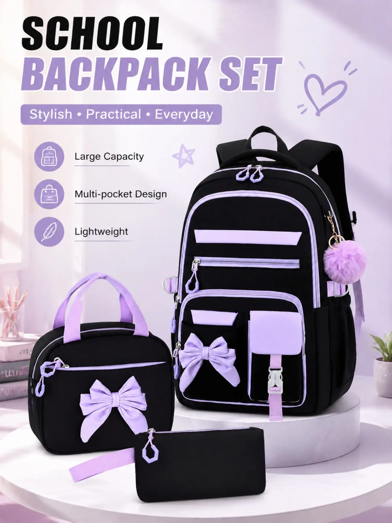 3pcs Casual Bowtie Backpack for Teens, Fits 15inch Laptop, Adjustable Straps, Smooth Zippers, Ideal for Travel and School, Trendy Fashion School Backpacks