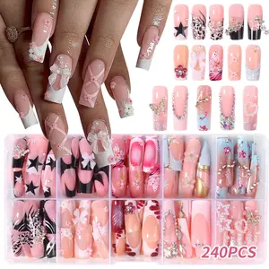 240 Medium Square Press-On Nails, 3D Gel Petal Design, & French Tips, Pearl & Bead Accents, Perfect for Daily Use & Parties