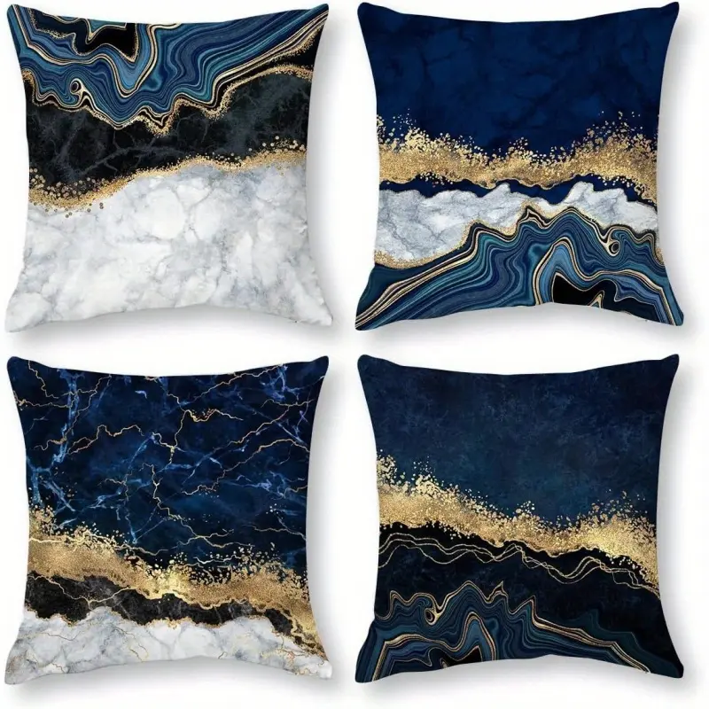4pcs Set, Single-Sided Print, Blue and Golden Marble Pattern Pillowcase, Modern Fashion Decorative Pillow Cover, Suitable for Sofa, Living Room, Outdoor, Decorative Pillow Cover, Multiple Sizes, Pillow Insert Not Included