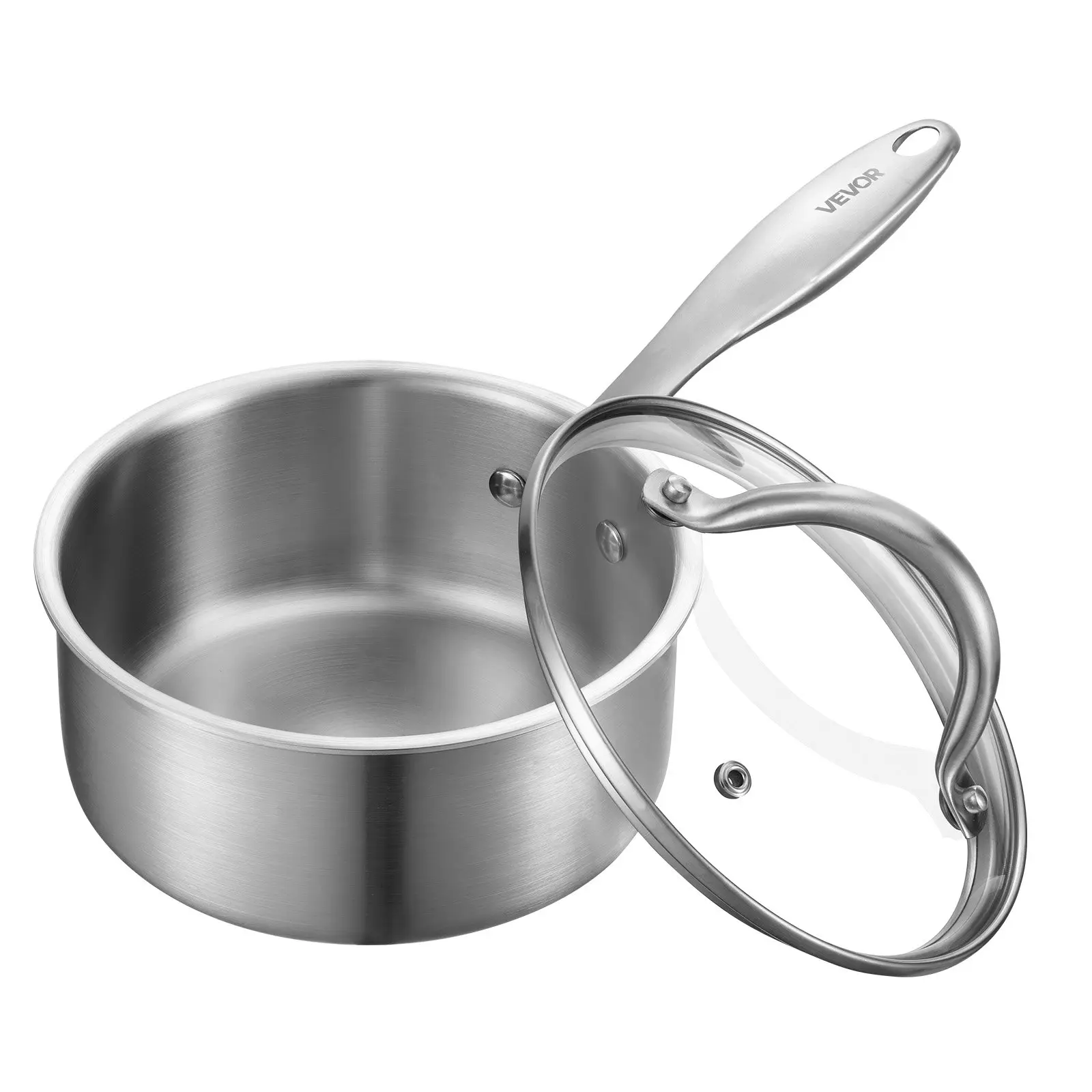 VEVOR 1.5 QT Stainless Steel Cooking Saucepan - Non-Stick, Ergonomic Handle, Glass Lid, Oven Safe, Dishwasher & Induction Cooker Compatible for Simmering