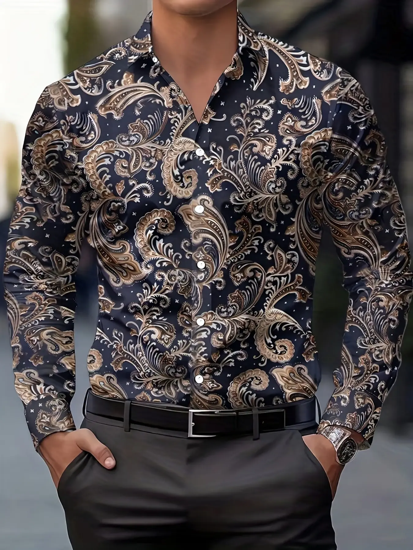 Men's Retro Paisley Long-Sleeve Shirt, Digital Print with Turn-Down Collar, Casual Shirt, European and American Trendy Top