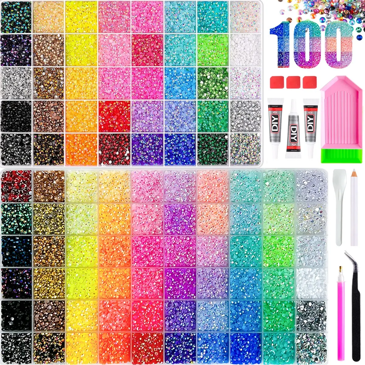 【Summervibes】DIY Diamond Bedazzling Kit，Summer Sparkling Resin Flat Back Rhinestones, 100-Piece Rainbow Color Set, DIY Craft Kit, Perfect for Gifts, Easy to Use，Christmas Birthday Gifts for Women