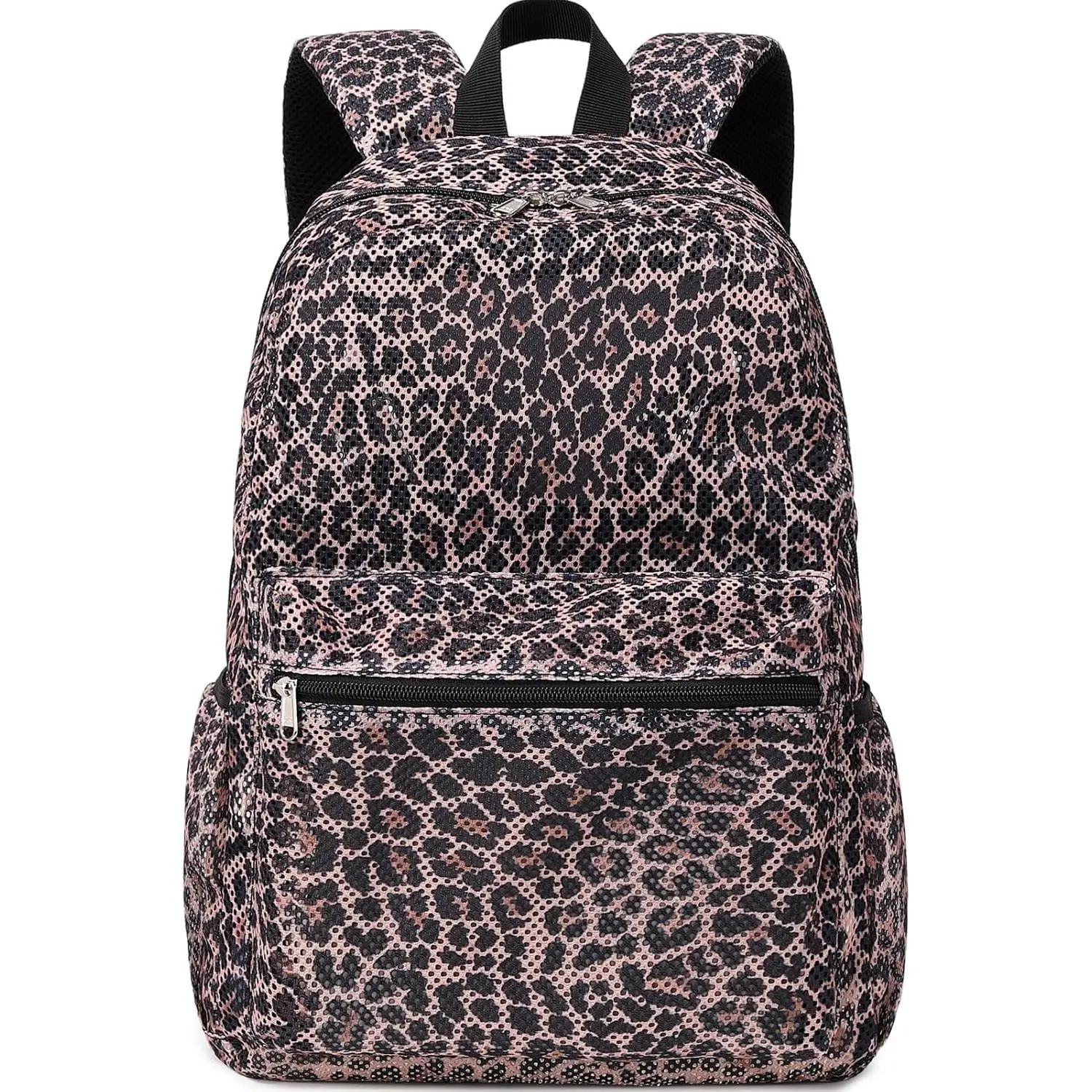 Leopard Print Mesh Backpack for Girls, Semi-Transparent Clear Casual Daypack, Large Capacity Teen School Bookbag
