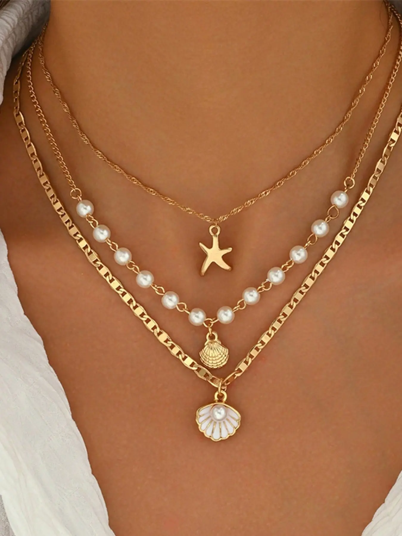 3-Piece Boho Style Imitation Pearl Shell Pendant Layered Necklace Set, Perfect for Women's Beach Vacation and Daily Wear
