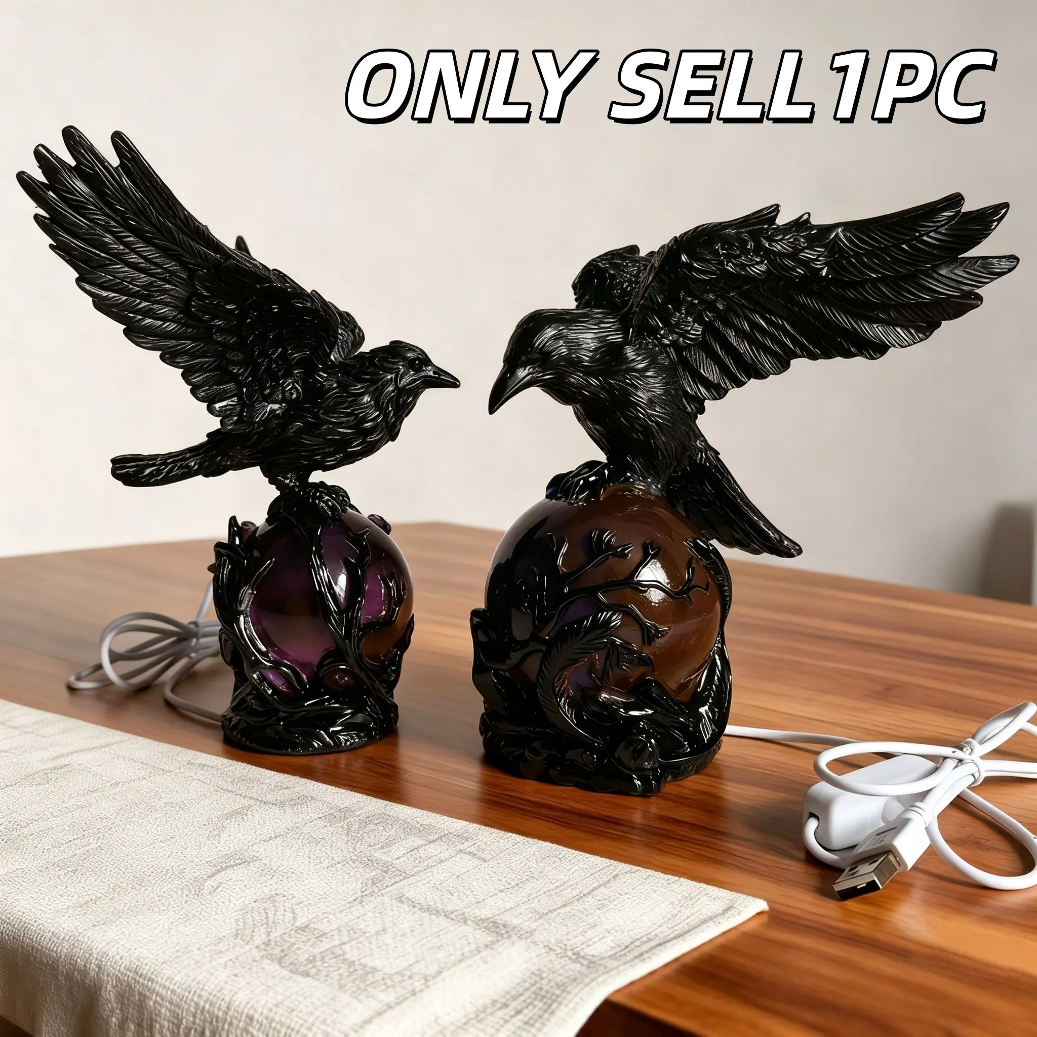 1PC Light-Up Black Raven Purple Crystal Ball Resin Night Light, Gothic Raven Table Lamp, Home Decoration Lamp, Spooky Decor for Bedroom & Bookshelf, Dark Home Gift for Halloween