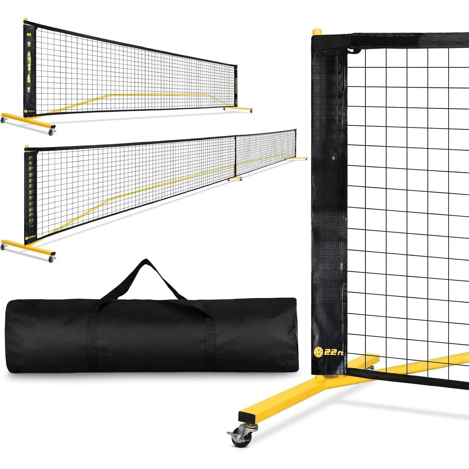 Portable Pickleball Net Set with Wheels, Regulation Size 22 FT & Half Court 11 FT, Steady Metal Frame Pickle Ball Net Set System with Carry Bag for Backyards, Driveways, and Garages