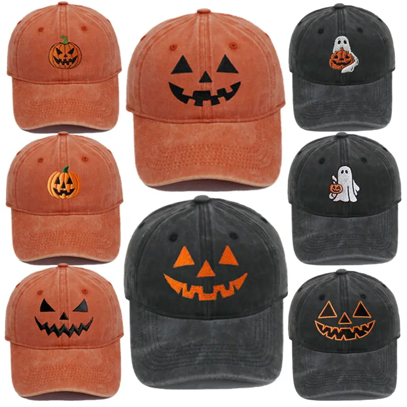 Unisex Vintage Washed Distressed Cotton Baseball Cap - Funny Embroidered Pumpkin Print, Adjustable Strap, Soft Casual Sun Protection, Snapback Mesh for Halloween Party & Autumn Travel, Black Panel Gift