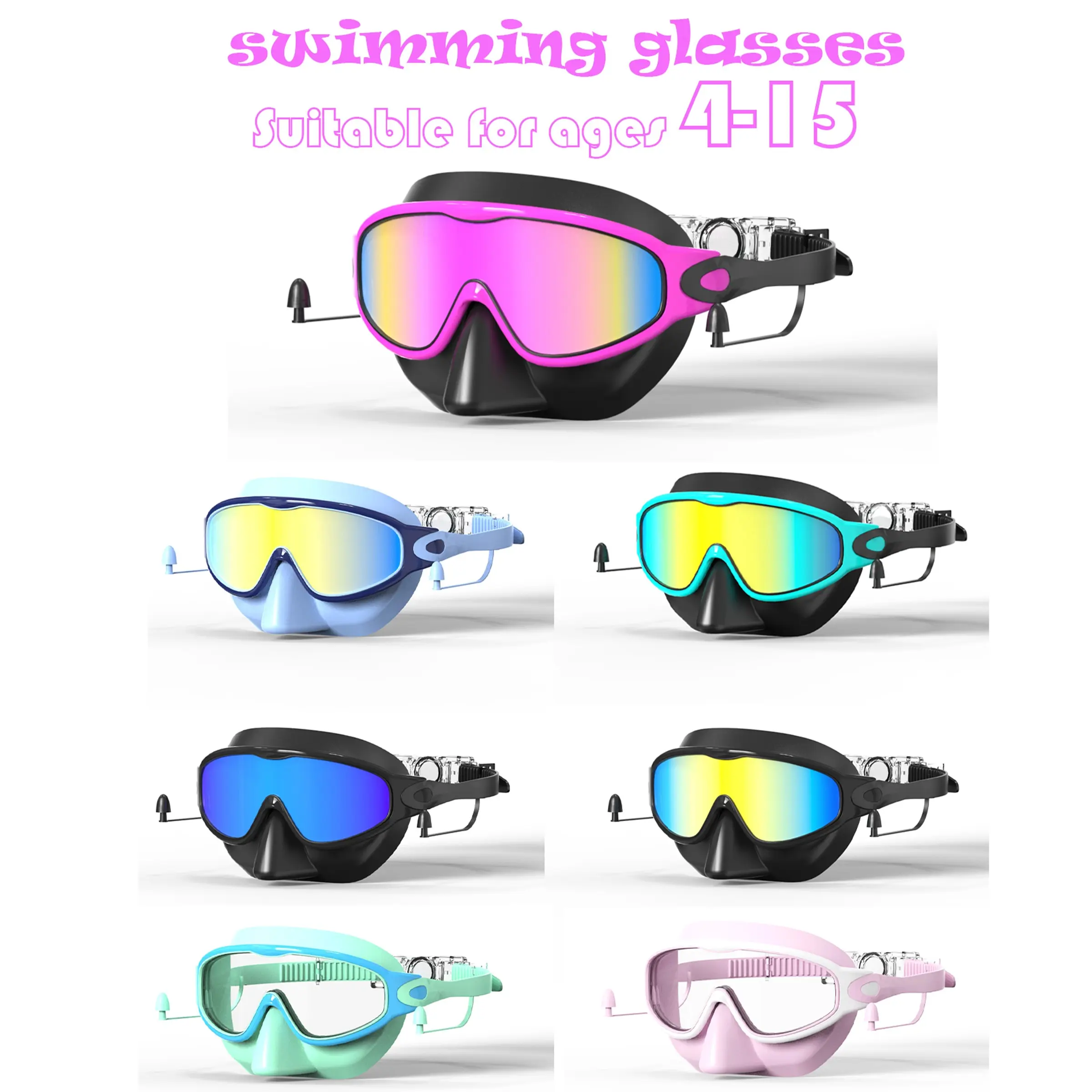 1/2PCS-Swimming Goggles with Nose Clip, Wide Vision Dive Mask Anti-Fog UV Protection, Leak-Free Kids Swimming Goggles for Ages 3-15, with Ear Plugs, Leakproof Swimming Glasses, Swim Goggles Set