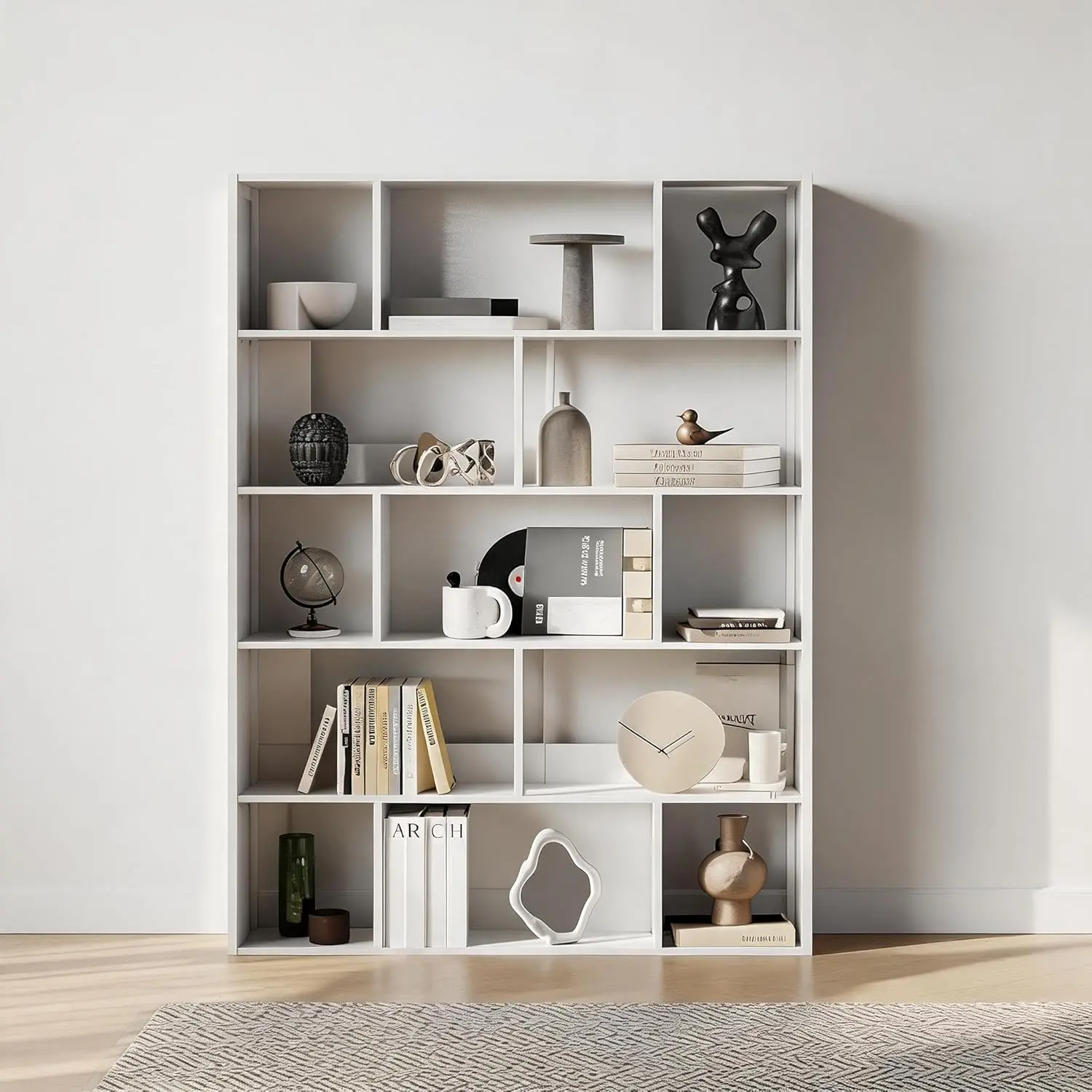 5-Tier Bookshelf, Tall Geometric Bookcase, Modern Room Divider & Display Shelf with Anti-Tipping Devices, Mid Century Bookshelf for Living Room, Home Office