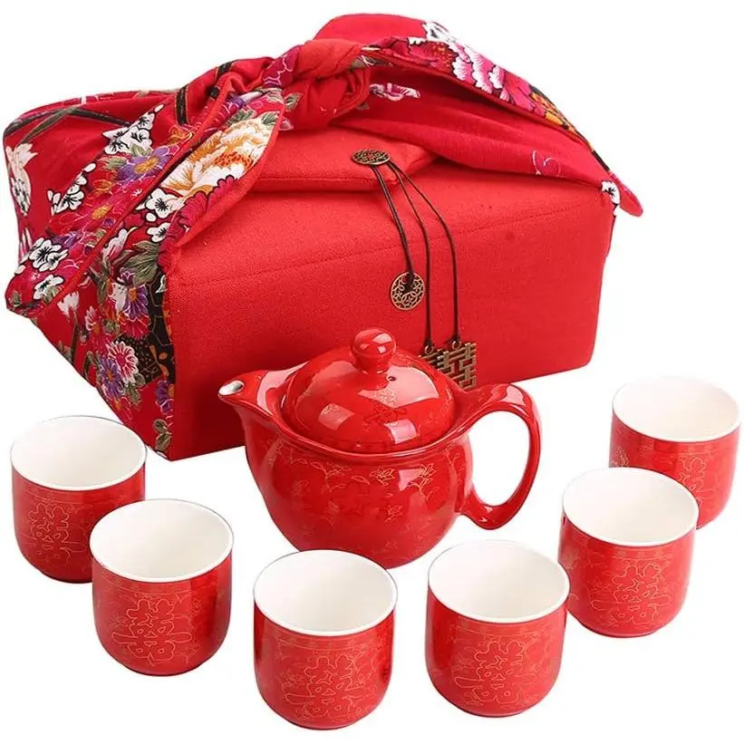 7 Pcs Red Chinese Traditional Double Happiness Porcelain Tea Set Teapot and Cup Tea Service Set for Wedding Decoration Supplies