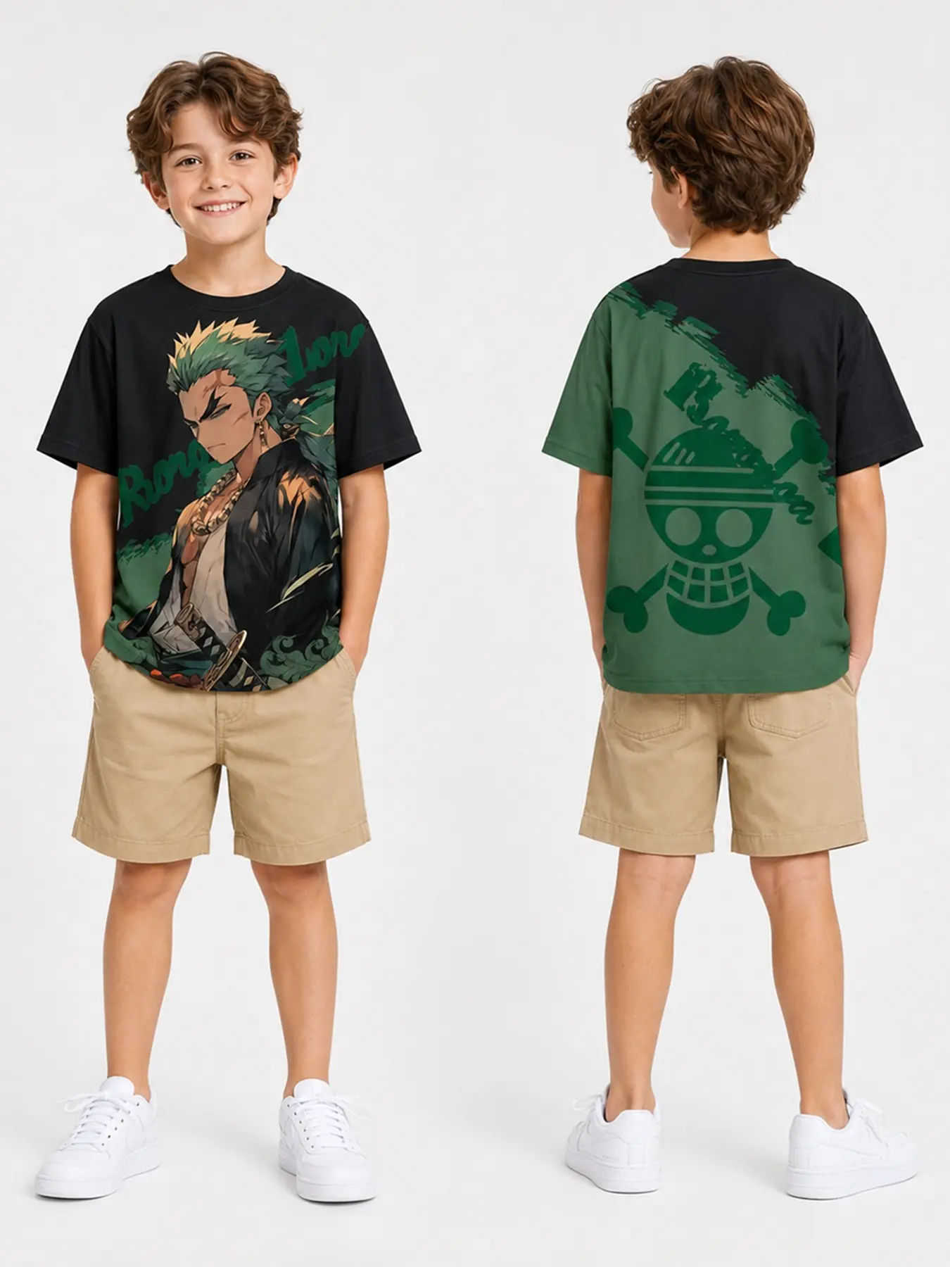 Anime One Piece Official Summer New Short Sleeve T-Shirt, Luffy Zoro Cartoon 3D Print Round Neck Top, Kids Street Style Fashion