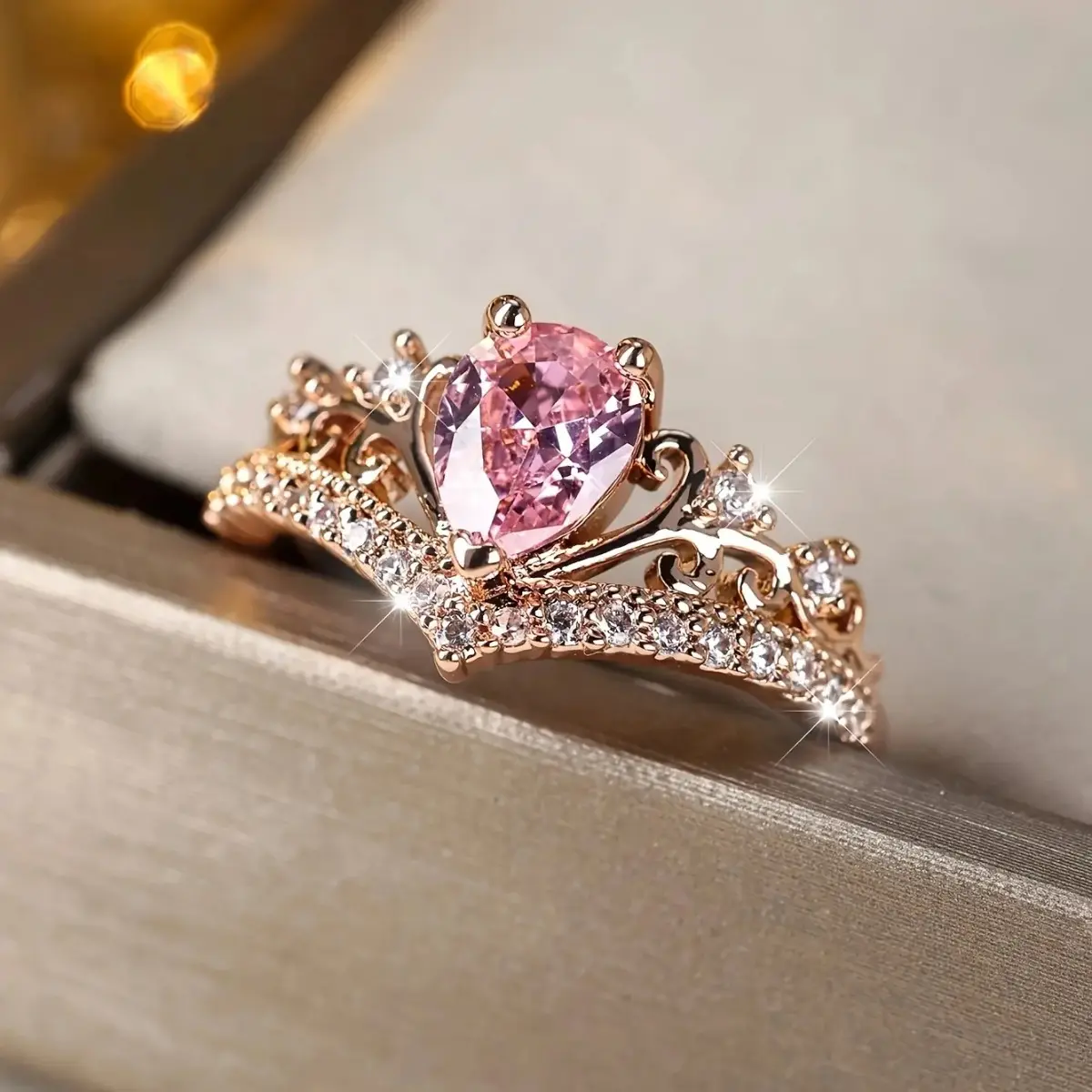 Women’s Rose Gold Tone Alloy Crown Ring - Synthetic Cubic Zircon Accents, Coquette Pink Chic Costume Jewelry Accessory for Daily Wear & Special Occasions, Synthetic Cubic Zirconia, Rose Gold Rings, Crown Rings