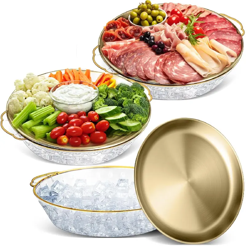 3-Pack Round Stainless Steel 11.8-Inch Ice-Chilled Chill Trays with Ice Layer, Removable Compartments & Gold Charcuterie Platters for Fruit, Seafood, Dips, Two-Tiered