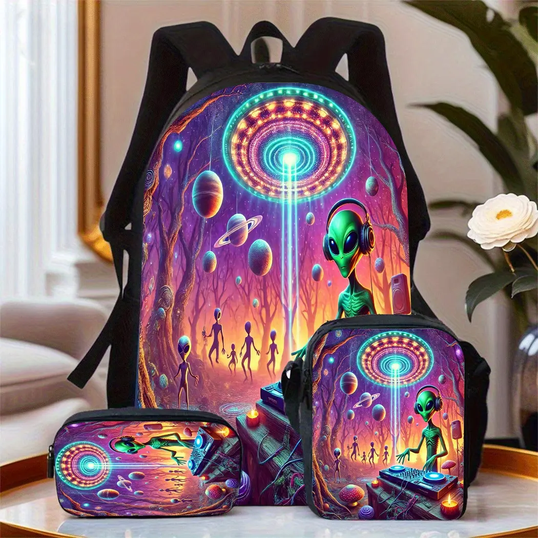 Durable Water Resistant 3-Piece Oxford Backpack Set, Psychedelic DJ Alien UFO Space Forest Print, Fit for Daily School Use, Sci-Fi Theme Parties And Outer Space Hobby Fan Social Gatherings