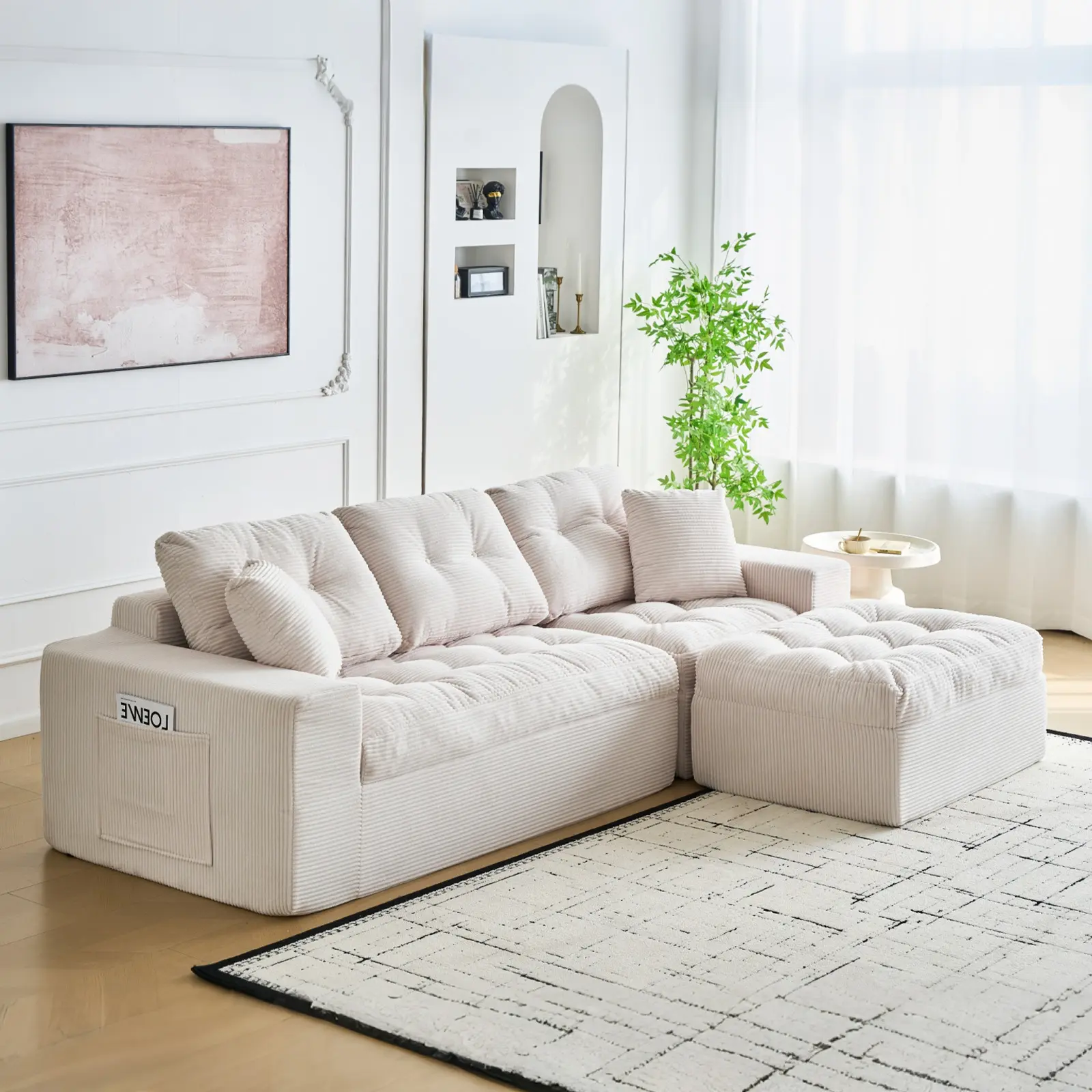 Beige 104-Inch Comfy Modular L-Shaped Sectional Sofa with Ottoman - Comfy Couch, Deep Seat, Cloud Boneless Corduroy, Polyurethane Foam Layered Cushion, Fully Assembled, Side Pockets, Ideal for Gatherings; Gray Option Available