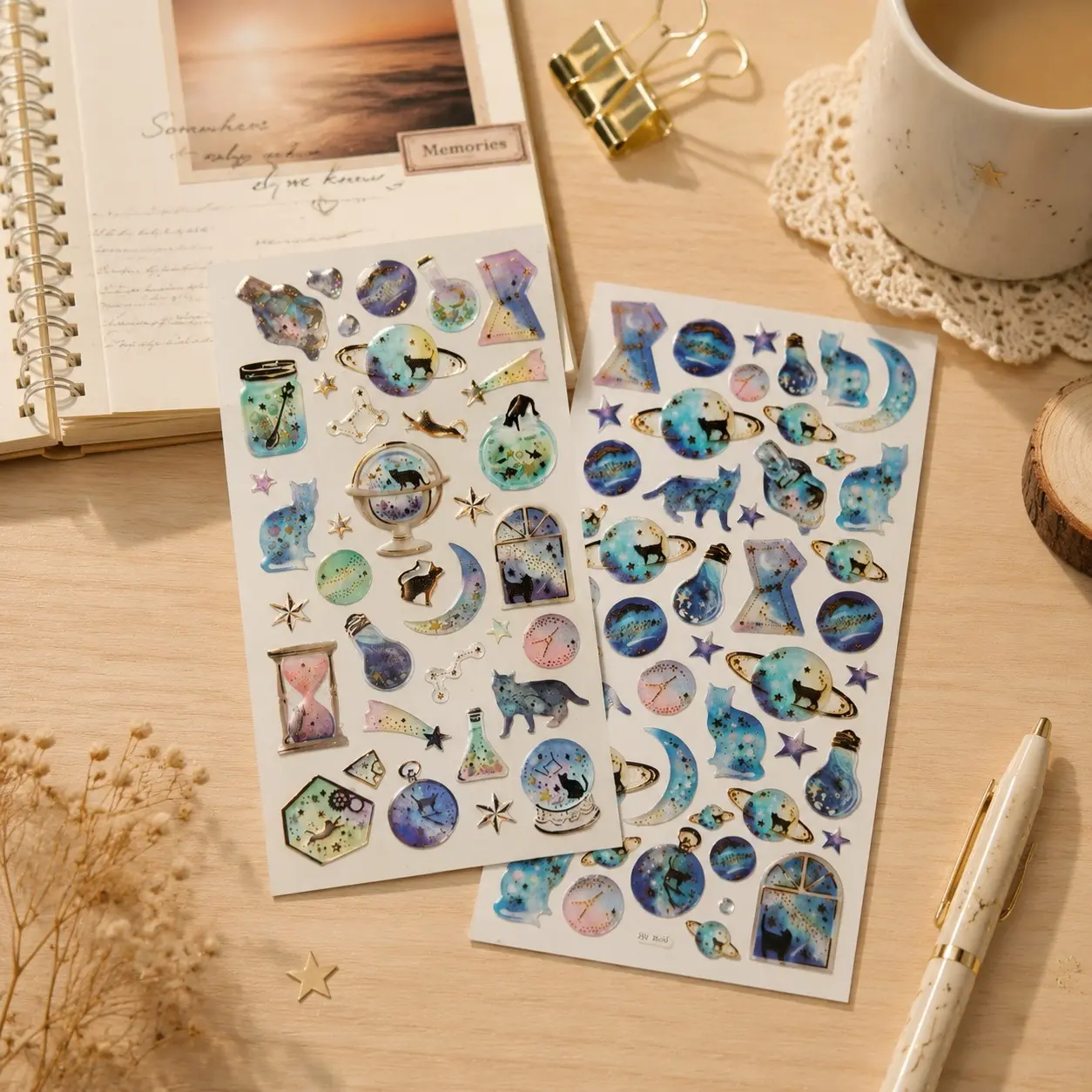 3D Galaxy Cat Stickers Set, Cute Planet Space Stickers for Scrapbooking, Journaling, DIY Crafts & Planner Decoration, Batch Number Ak001