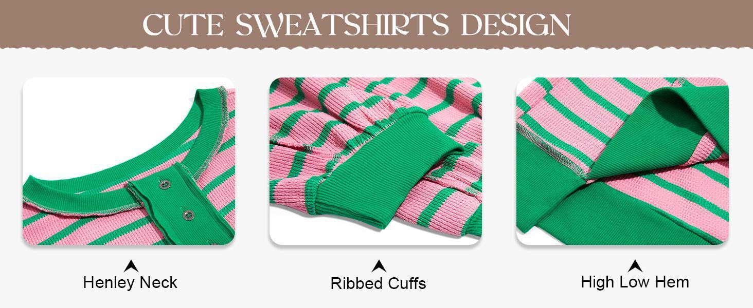 Imily Bela Womens Oversized Striped Sweatshirts Henley Shirts Color Block Casual Pullover Waffle Knit Tops