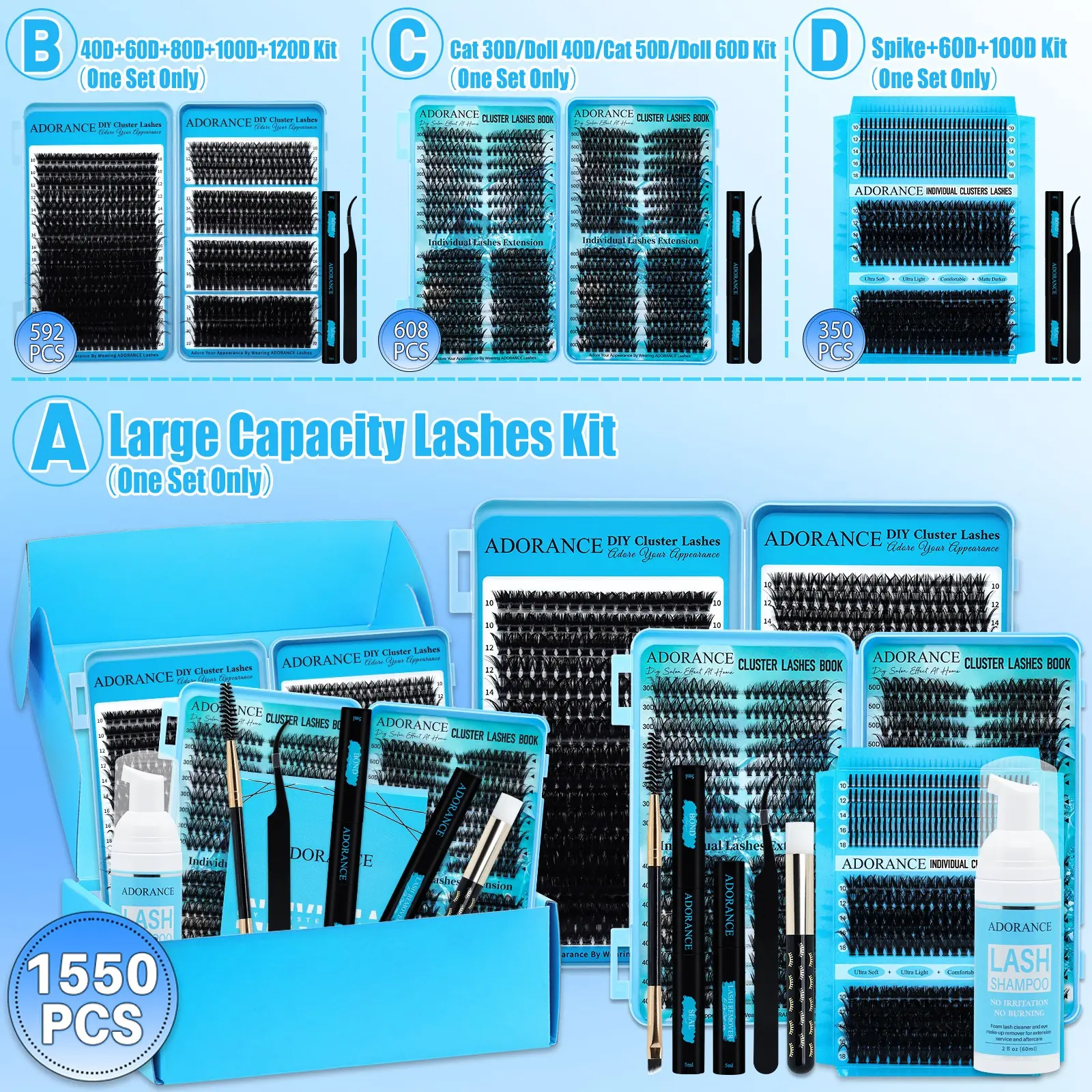 1550/608 Pcs Eyelash Clusters Kit, Eyelash Extension Set, Diy Eyelash Cluster, D Curl 10 Styles Mixed Length Spikes/Volume Lashes with Bond & Seal, Lash Remover, Brush, Applicator, Shampoo Brush, Tweezers, for Beginners & Pros