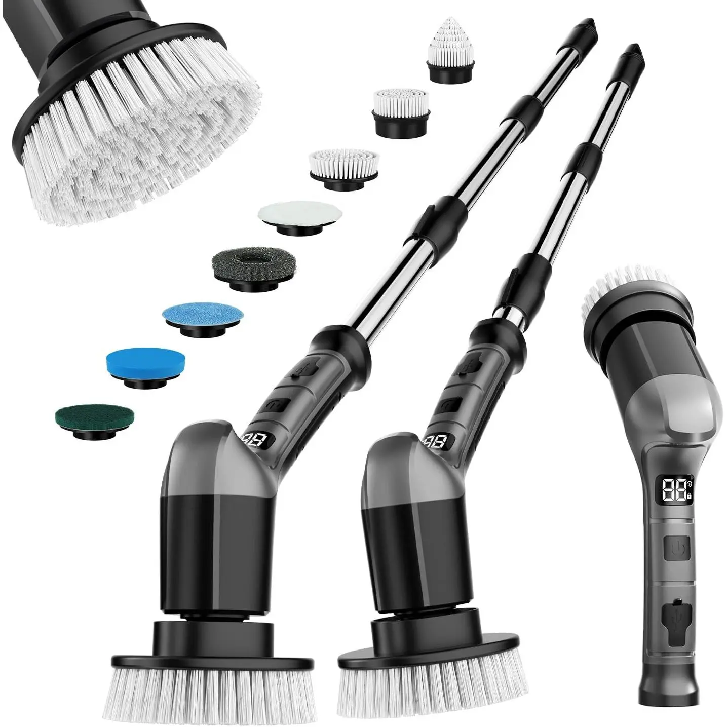Electric Spin  with 3 Speed, Adjustable Extension Handle, 8 Brush Heads,Cordless Power Cleaning Brush for Bathroom, Tile, Kitchen-Grey