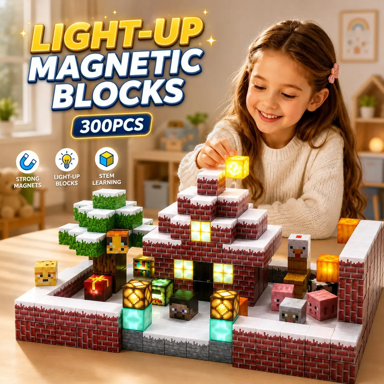 Light Up Magnetic Blocks for Kids, Glowing Magnetic Building Cubes, Stem Sensory Toys for Ages 3+, Creative 3D Building Set Gift