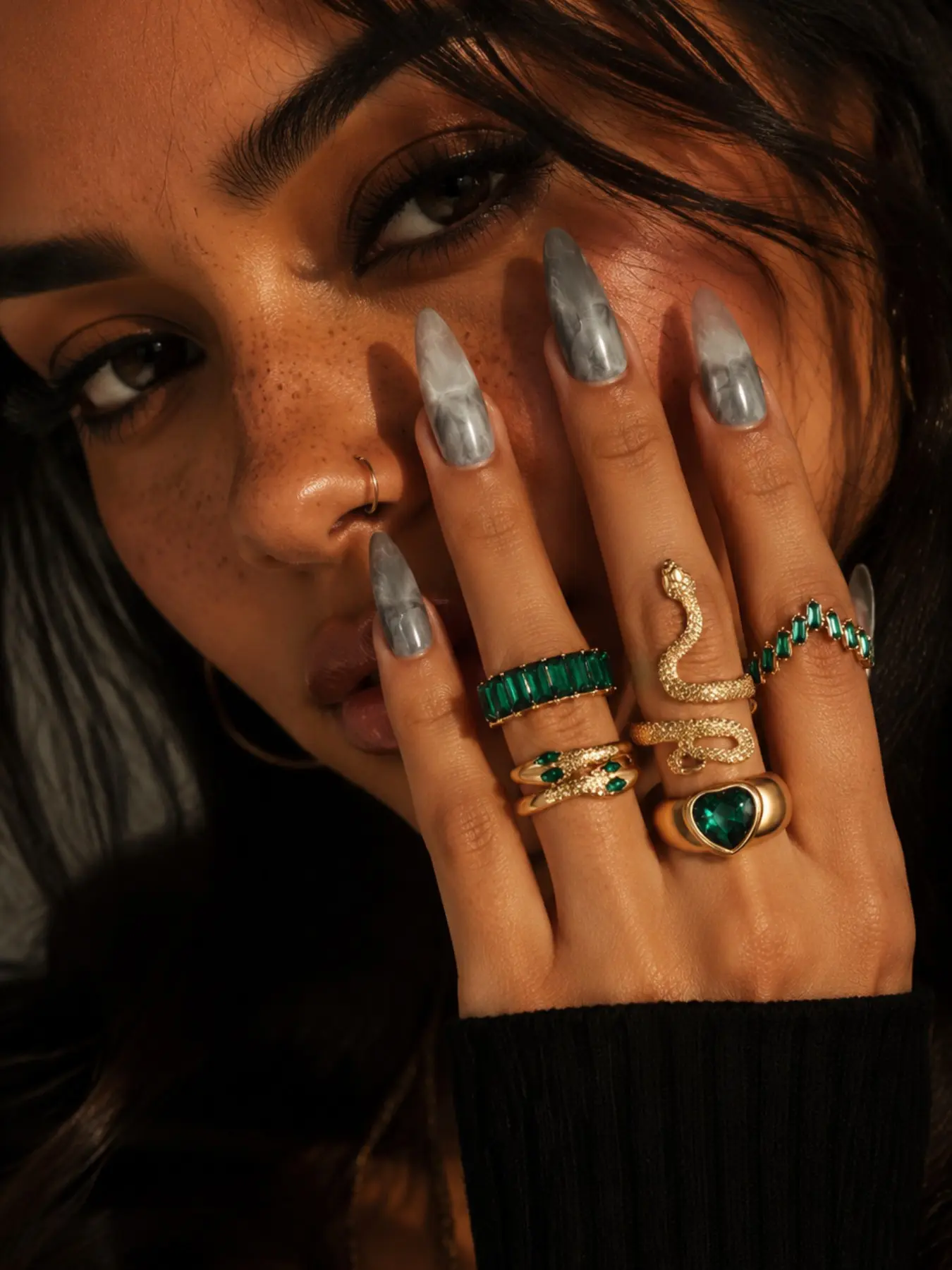 Emerald Snake Stackable Ring Set, 6pcs 18k Anti Tarnish Crystal Serpent Rings, Y2K Goth Vintage Stacking Jewelry for Women