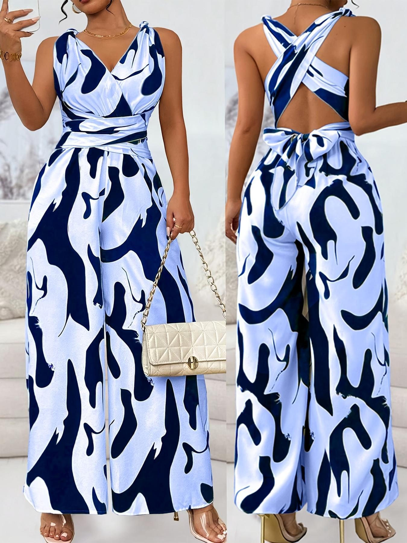 Women's Jumpsuit, Casual V Neck Sleeveless Tie Waist Jumpsuit for Summer, Fashion Lady Women's Clothing for Beach Holiday, Womenswear, Clothe, High Waist Jumpsuit, Casual Jumpsuits