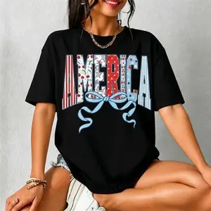 Women's 4th of July T-Shirt, Chic America Bow Graphic Print, 100% Cotton Patriotic Apparel for Women, Summer Short Sleeve Casual Top