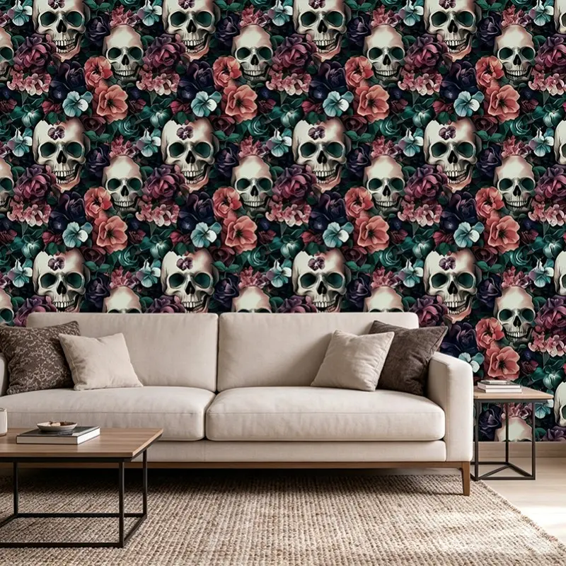Dark Floral Skull Rose Wallpaper, Peel and Stick Gothic Botanical Mural, Halloween Decor for Bathroom Bedroom Living Room, Home Decor Gift