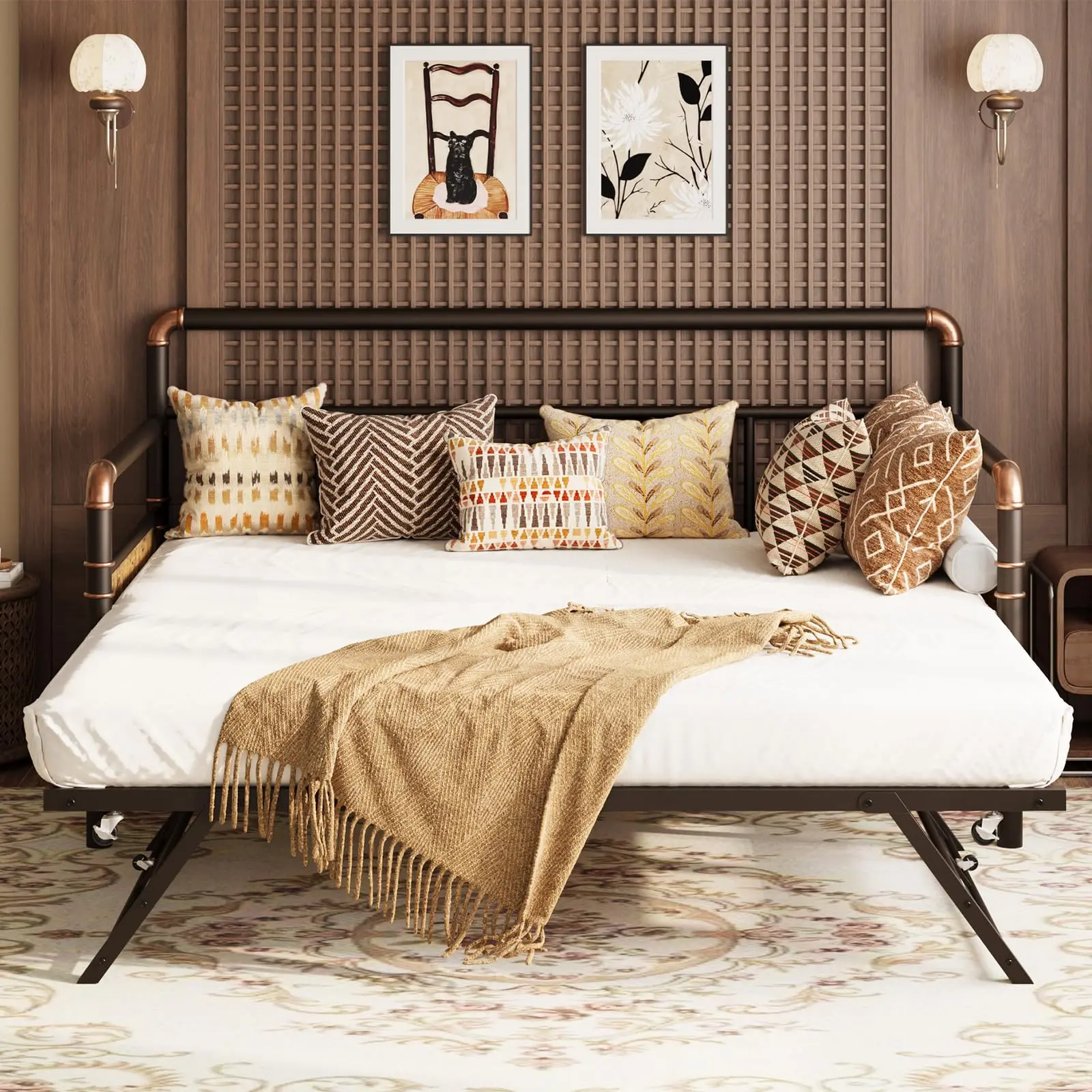 Metal Daybed and Pop Up Trundle Bed, Heavy Duty Full Day Bed with Classic Headboard and Steel Slat Support,Sofa Bed Platform for Living Room Guest Room, No Box Spring Needed,Brown