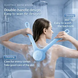 Rechargeable Electric Body Scrubber, Waterproof 360° Rotating Shower Brush with Dual Grip Handles, Full Body Bath Brush with 4 Detachable Heads for Deep Cleansing