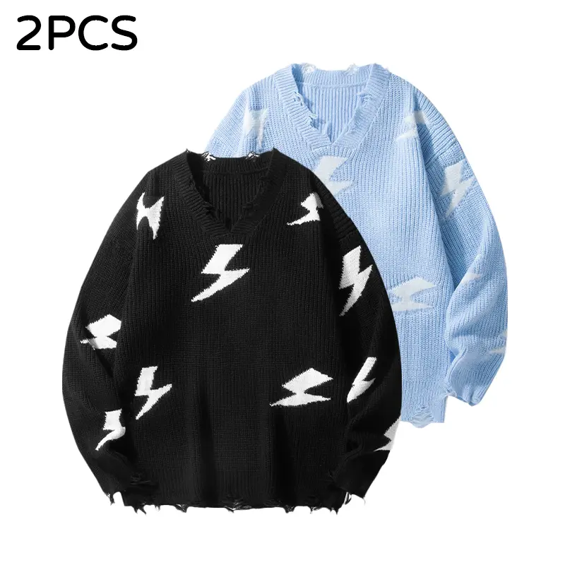 [2-PCS] Men's & Women's Distressed V-Neck Knit Sweater. Oversized Lightning Graphic Pullover. Y2K Streetwear Ripped Tops. Cozy Casual Layering Knitwear Essential for Fall Winter.