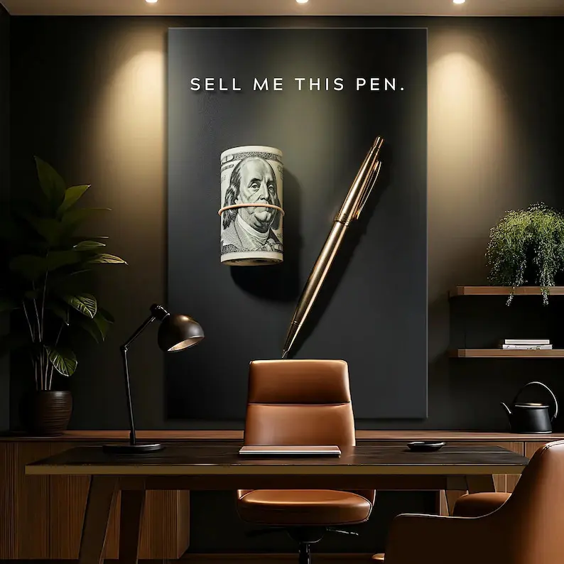 Sell Me This Pen Canvas Wall Art |   Motivational Sales Quote Poster for Office & Business Decor, Artistic, Decoration