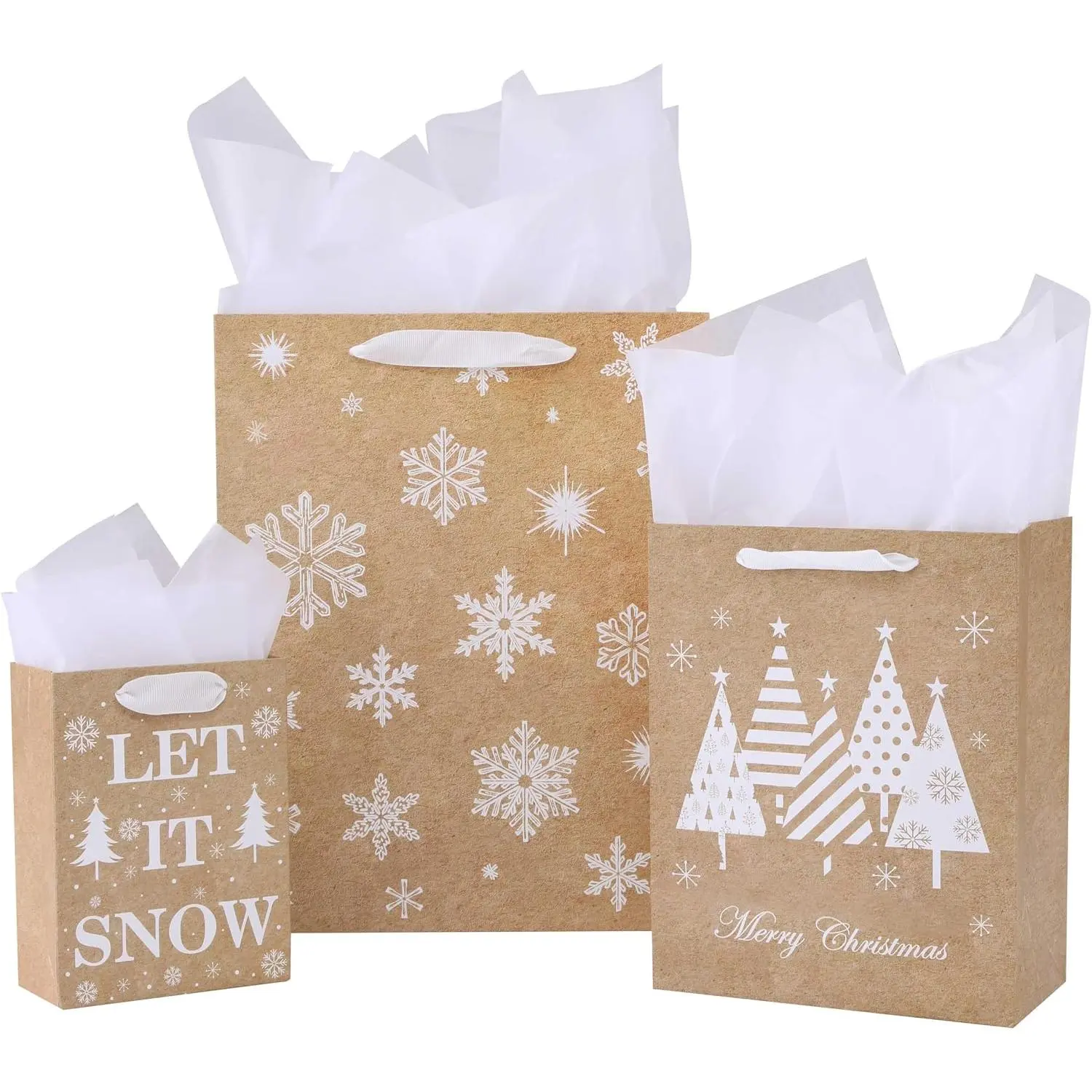 Christmas  Bags  Sizes with Tissue Paper, 9 Pack  Paper Bags in 3 Sizes, Brown and White Snowflake Design, Let It Snow Theme Holiday  Bags
