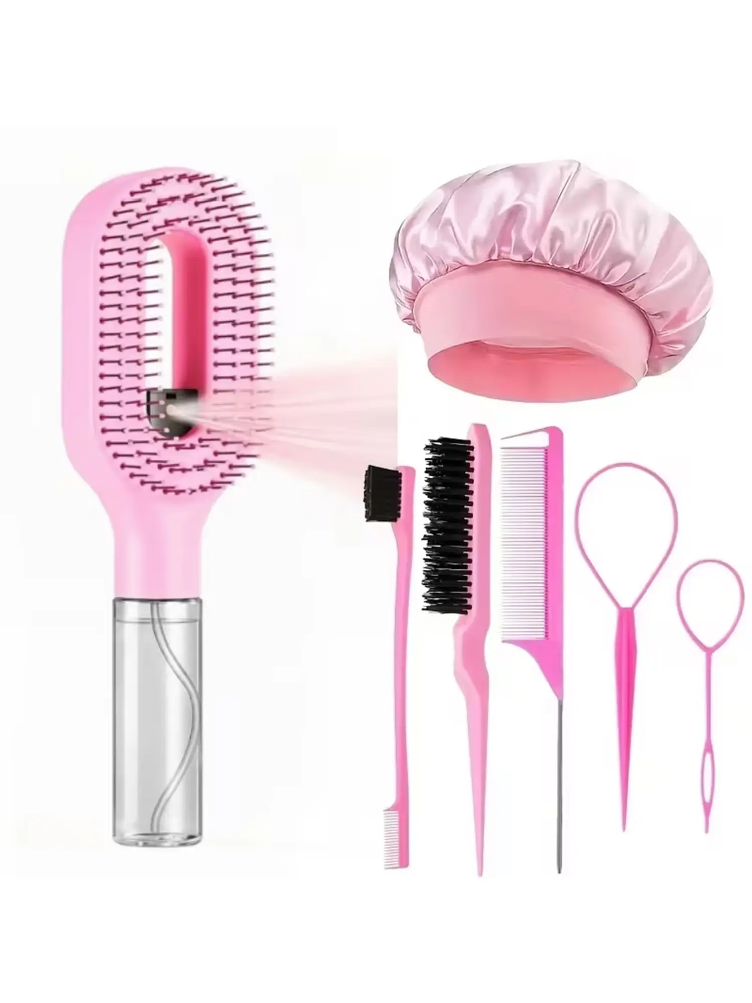 7-Piece Hair Comb Set for Women, Includes Detangling Brush, Spray Bottle, Silk Sleep Cap, Tail Comb, Edge Brush, Ideal for Styling