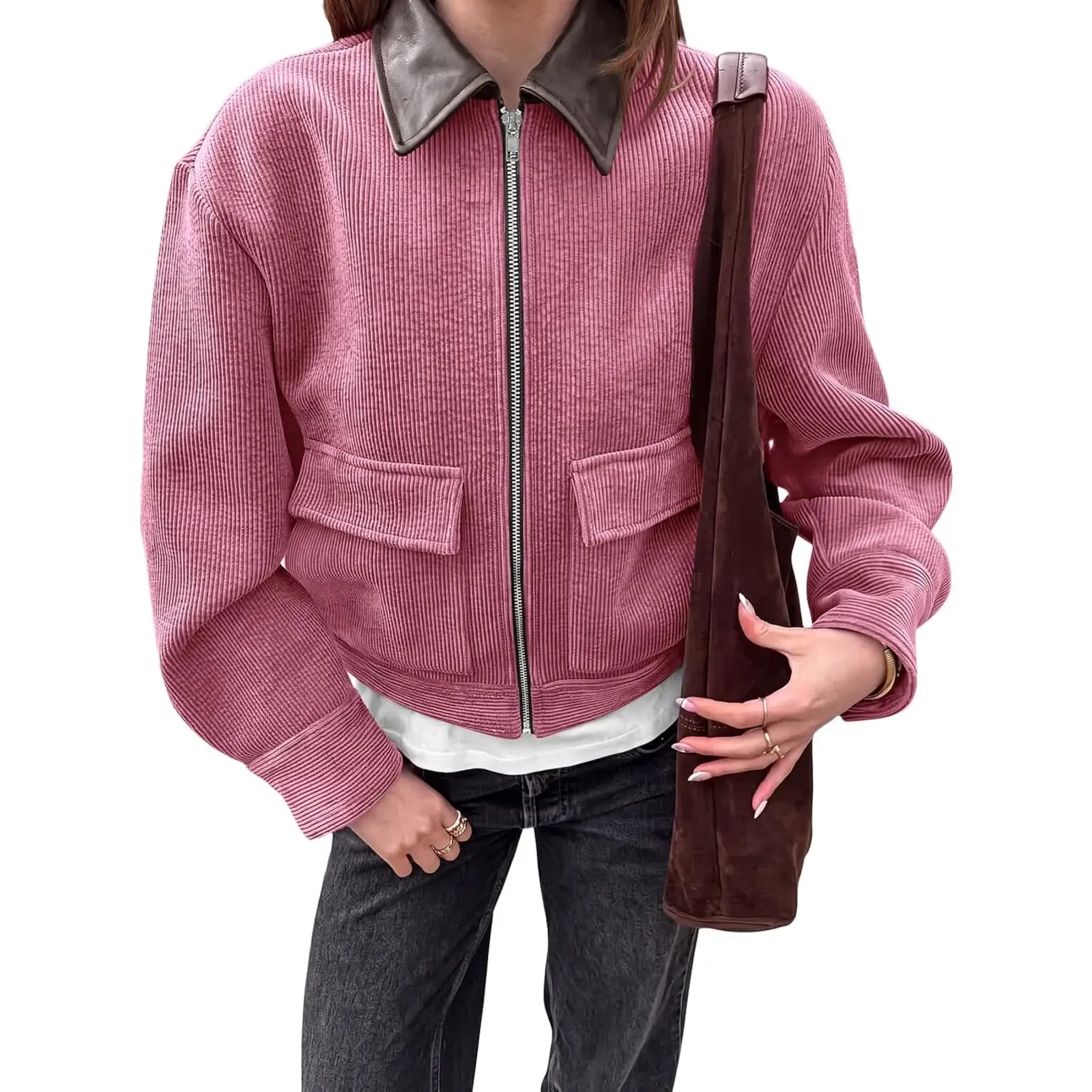 Tankaneo Womens Cropped Corduroy Jackets Oversized Zip Up Barn Bomber Coat | Lightweight, Trendy, Casual, Streetwear, Fall, Spring, Corduroy Shacket, Faux Leather Collar, Short Length, Pockets