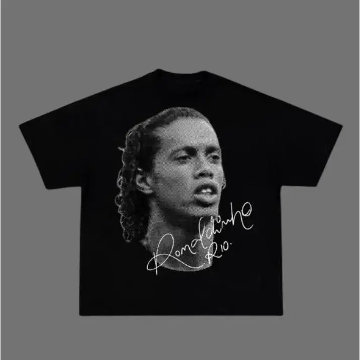 Women's Classic Relaxed-Fit Short-Sleeve Big Head Ronaldinho Vintage Graphic Soccer Top, Unisex Streetwear Day Wear, Shortsleeve