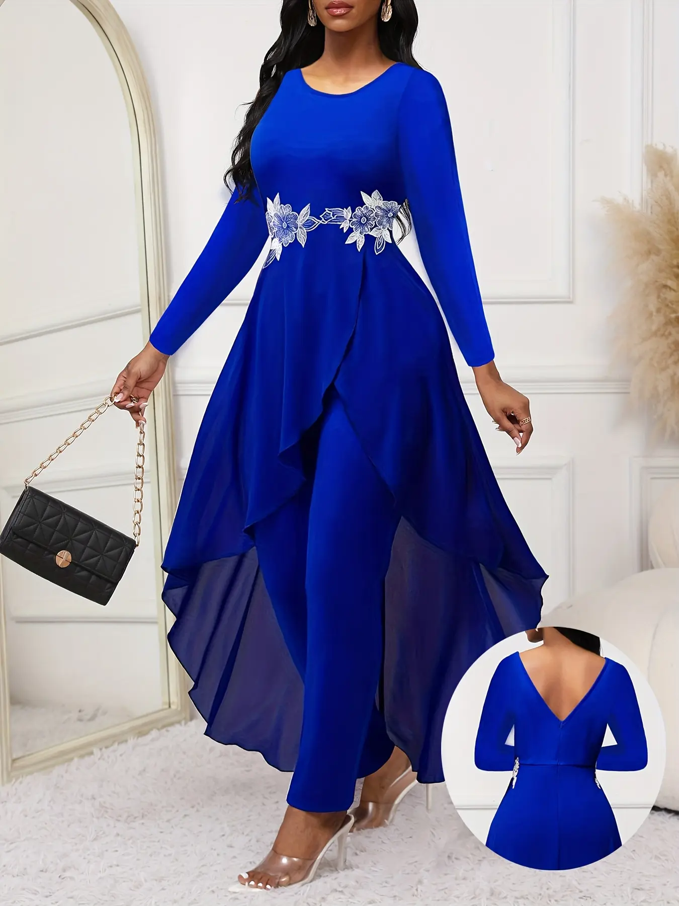Modern Design Blue Long Sleeve Lace Patchwork Two-Piece Set, Fashion Slim Fit Bodycon Dress, Elegant Overall Skirt for Parties, Women Aesthetic