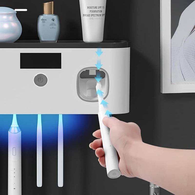 Wall-Mounted Bathroom Toothbrush Holder with UV Sanitizer, Rechargeable Cordless Toothbrush Organizer with Automatic Toothpaste Dispenser, Space-Saving Storage for Toothbrushes and Toothpaste