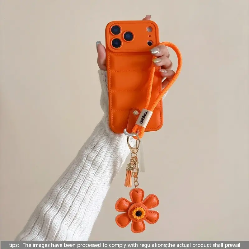 Luxury Stress-Relief Down Phone Case with Sunflower Lanyard, Full Coverage Anti-Scratch Anti-Drop, Compatible with iPhone 17pro Max 16pro 15 14 13 12