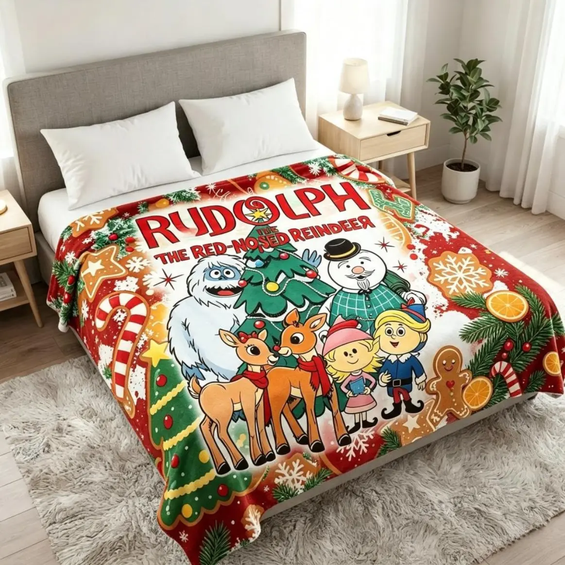 Rudolph the Red-Nosed Reindeer Inspired Polyester Flannel Blanket for Adults, Christmas Living Room Room Decor, Warm Sofa Office Cover, Holiday Fun Birthday Gift
