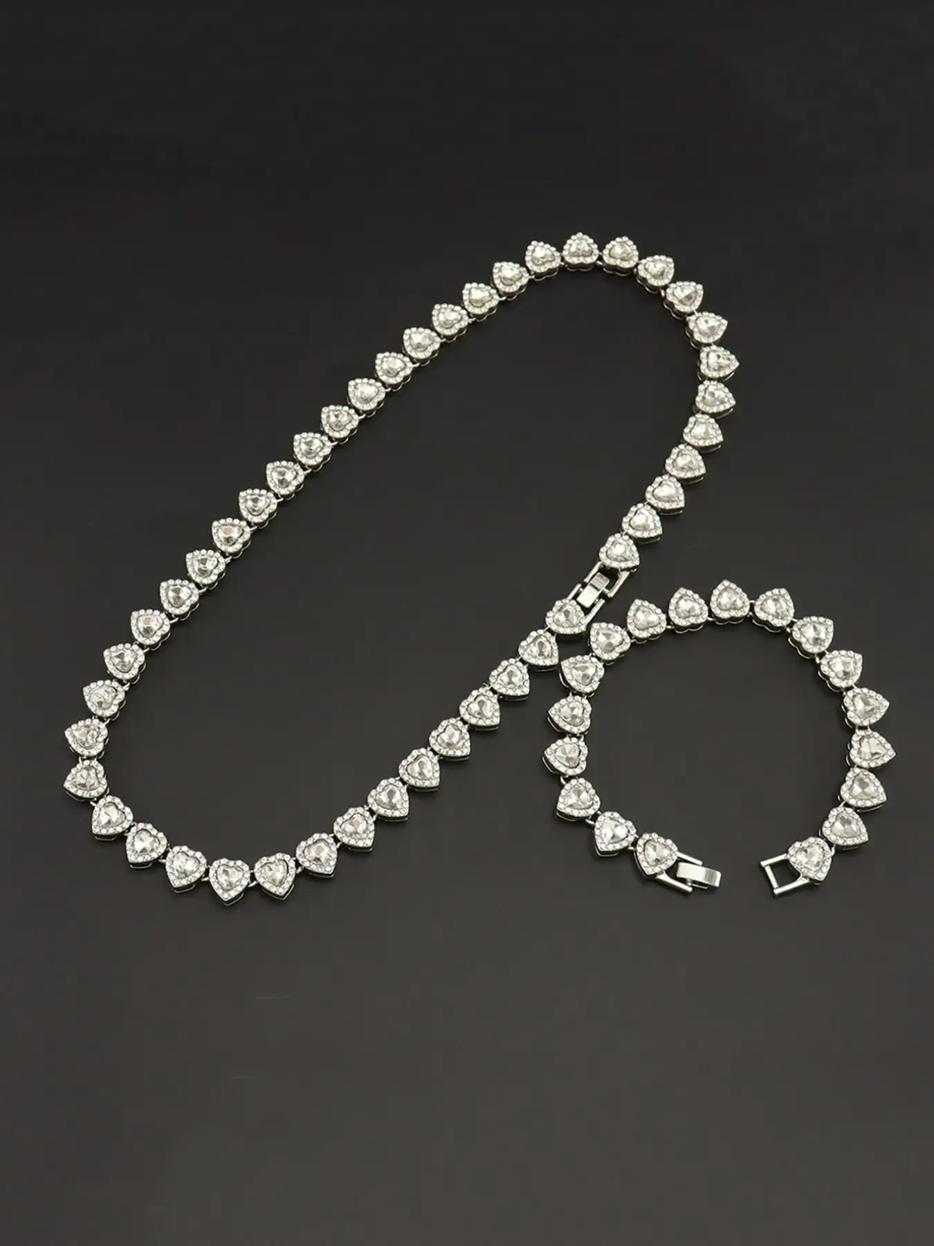 2pcs Rhinestone Heart Necklace Set, Shiny Necklace and Bracelet Combo, Romantic Gift for Women, Fashion Jewelry Set, Silver Color, Elegant Jewelry Set, Party Perfect Choice