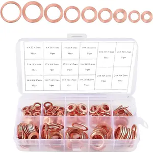 200 count Copper Washers Metric Sealing  Kit, 9 Sizes Flat Ring Oil Drain Plug Crush Washer Gasket Seal  Set, M5 M6 M8 M10 M12 M14 Crush Washers for