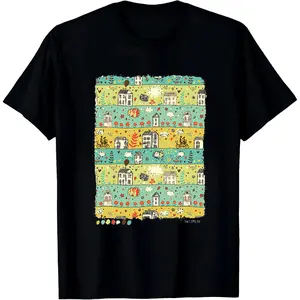 Whimsical Village Pattern T-Shirt, Retro House & Nature Print Graphic Tee, Cute Folk Art Casual Top crew neck