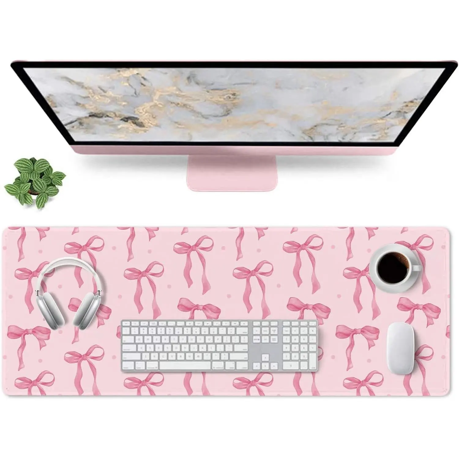 Large Pink Desk Mat with Bows, Gaming Mouse Pad Non-Slip Rubber Base, Stitched Edge, Cute Girly Desk Accessories Decor for Women 31.5 x 11.8in