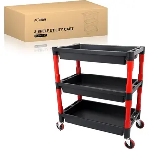POTOLON 3-Tier Industrial Rolling Utility Cart with 4-in Swivel Wheels, Heavy-Duty Plastic Organiser Rack for Garage, Workshop Use