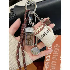 Fabric Coffee Bottle Spoon, Leather Heart, Iced Americano Coffee, Braided Rope Detailed Keychain & Car Ornament.It Features A Detachable Design, Making It A Great Choice For Coffee Enthusiasts.It Is An Ideal Unisex Gift, Suitable For Decorating Backacks